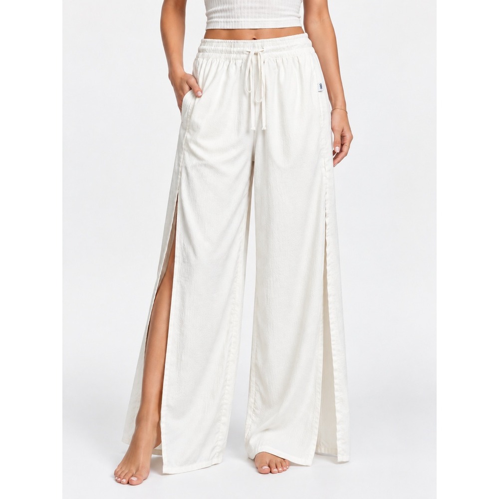Onia White Wide Leg Textured Pants High Slit Drawstring Resortwear Women's M